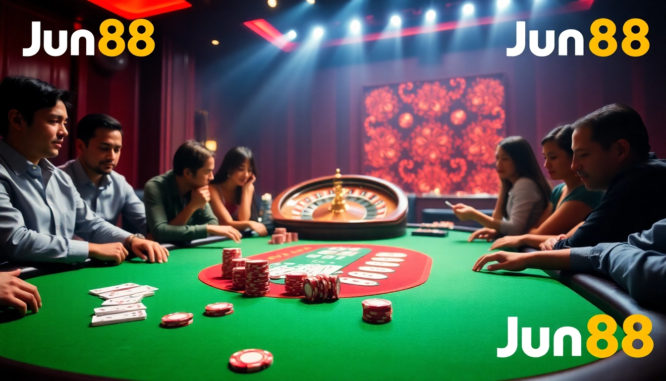 Players enjoying a thrilling poker game at Jun88 casino, with vibrant chips and cards.
