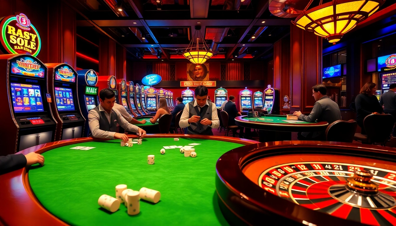 Gambling at 8day.cn.com: players enjoying poker and vibrant slot machines in a luxury casino.
