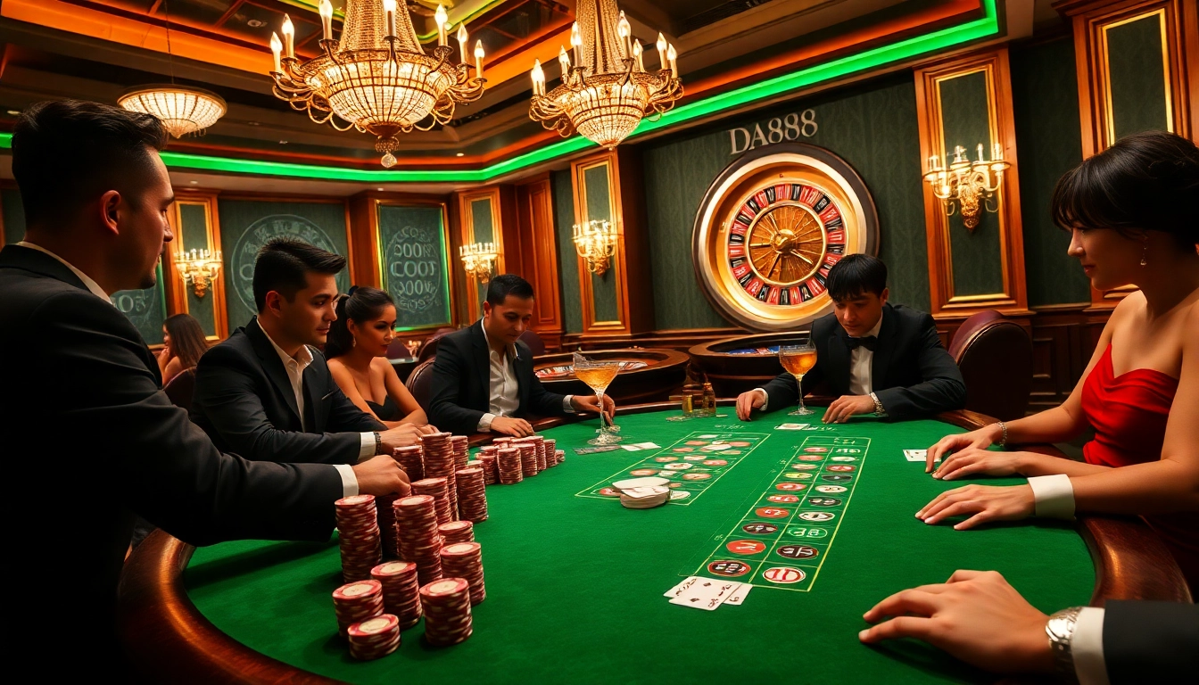 Engage with DA88 poker strategies at a luxurious casino table filled with excitement and glamour.