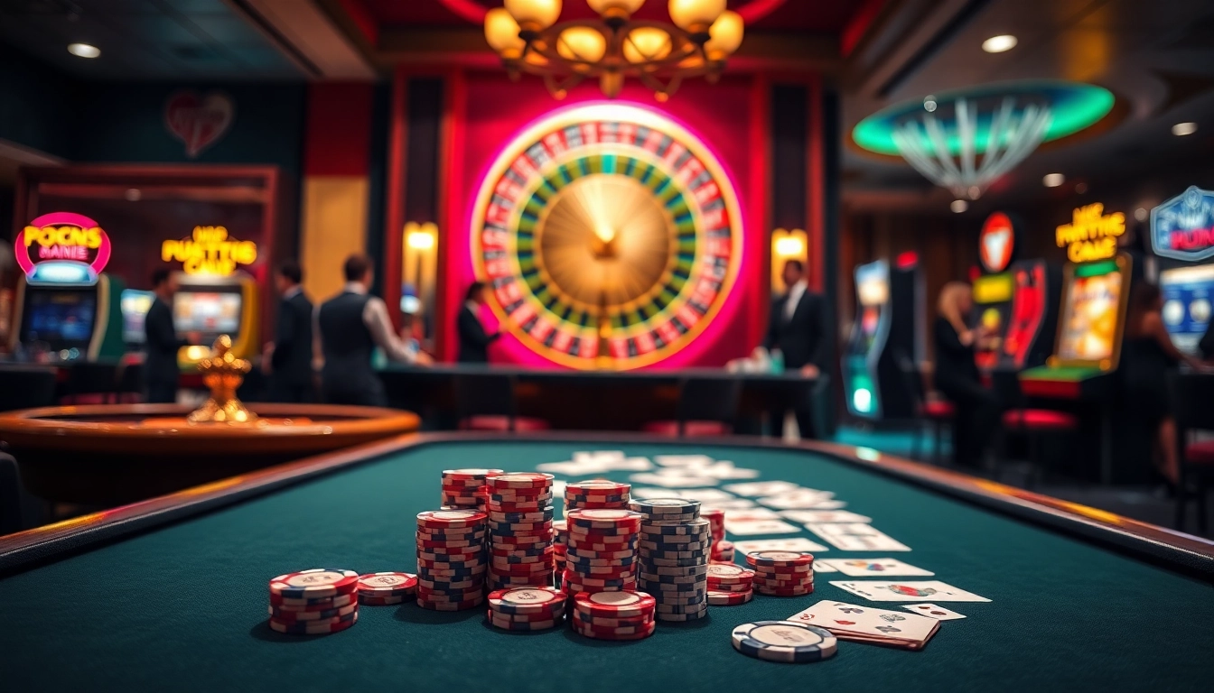 Engage in exciting casino action at rikvip.gb.net with vibrant poker tables and spinning roulette wheels.
