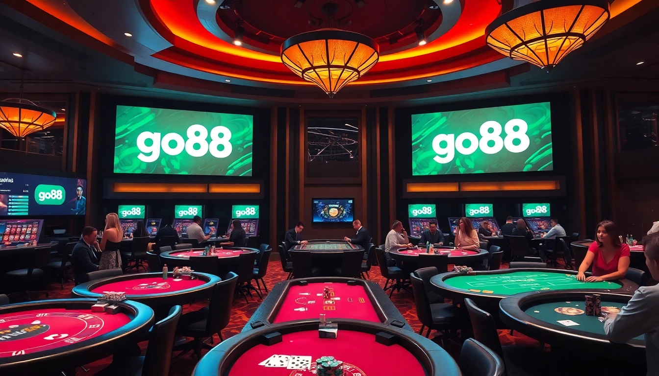 Engage in thrilling games at go88's luxurious casino with vibrant tables and eager players.