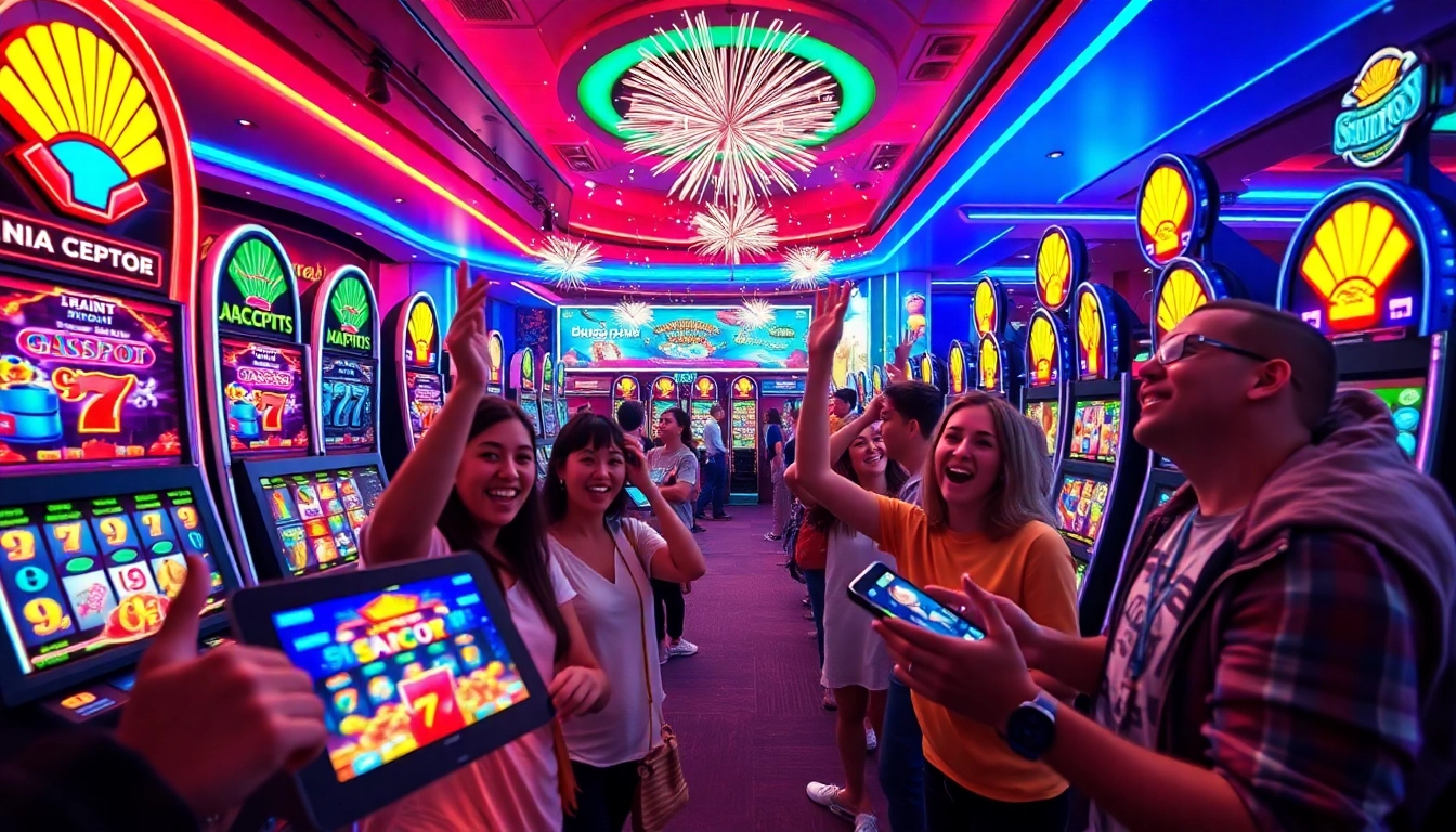 Exciting gaming scene of players winning on slot gacor machines, showcasing colorful graphics and jackpots.