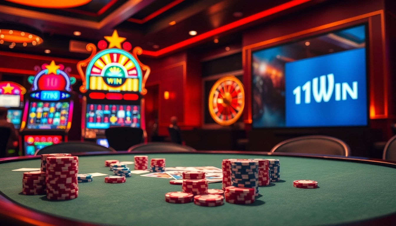 Experience the thrill of 11WIN with a luxurious casino scene showcasing poker and slots.