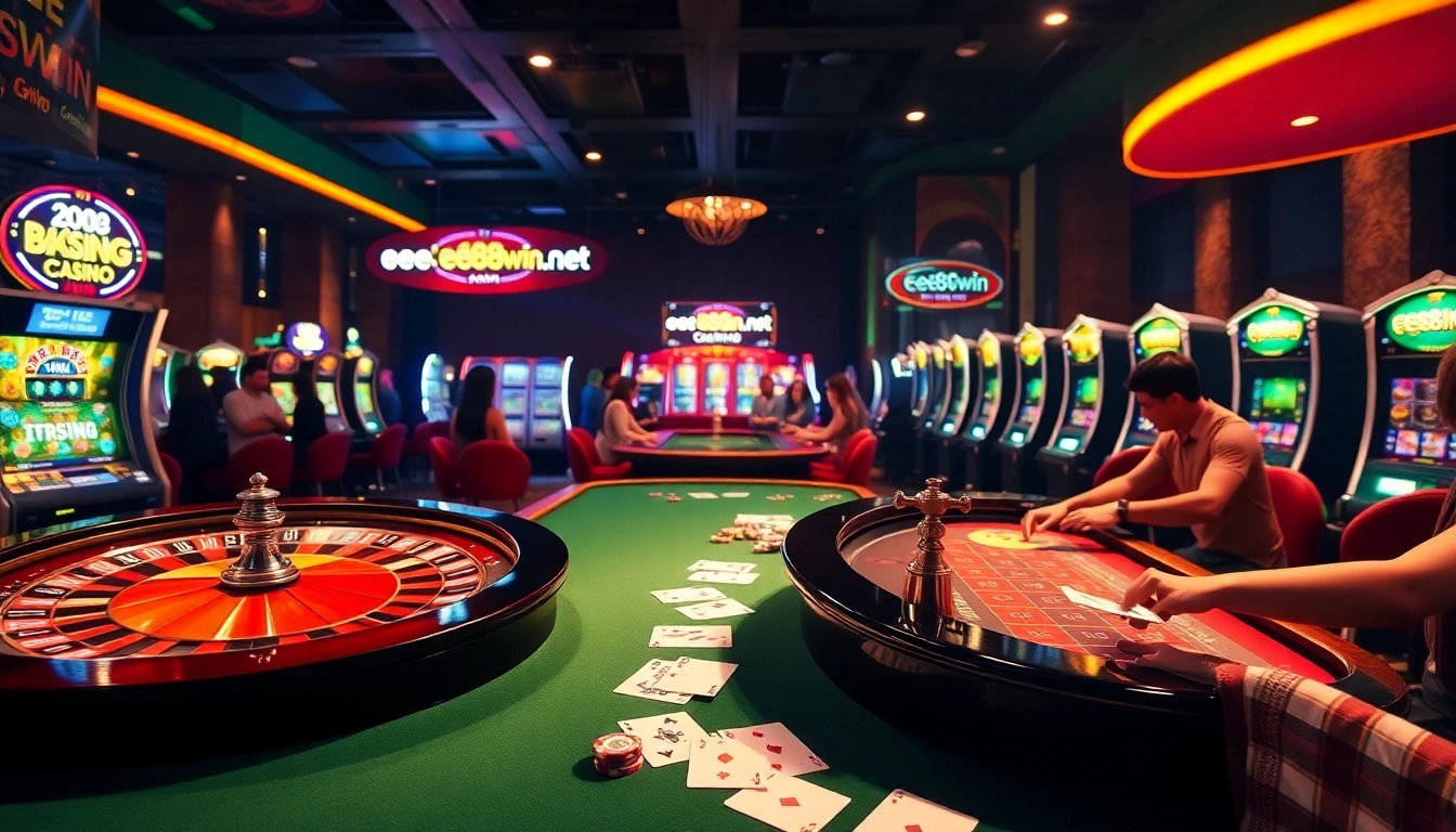 Experience the excitement of gambling at ee88win.net with poker tables, roulette wheels, and vibrant casino lights.