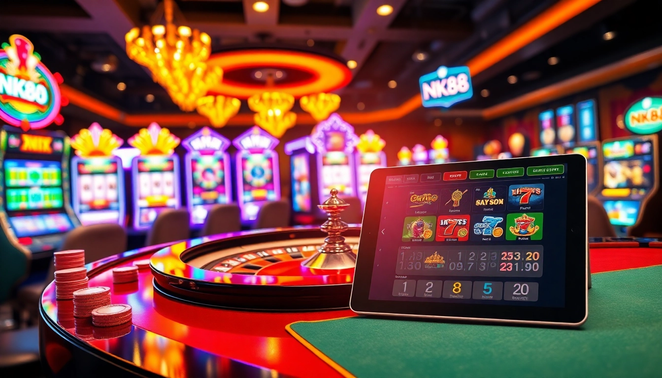 Experience thrilling bets at NK88 casino with vibrant roulette and slot machines.