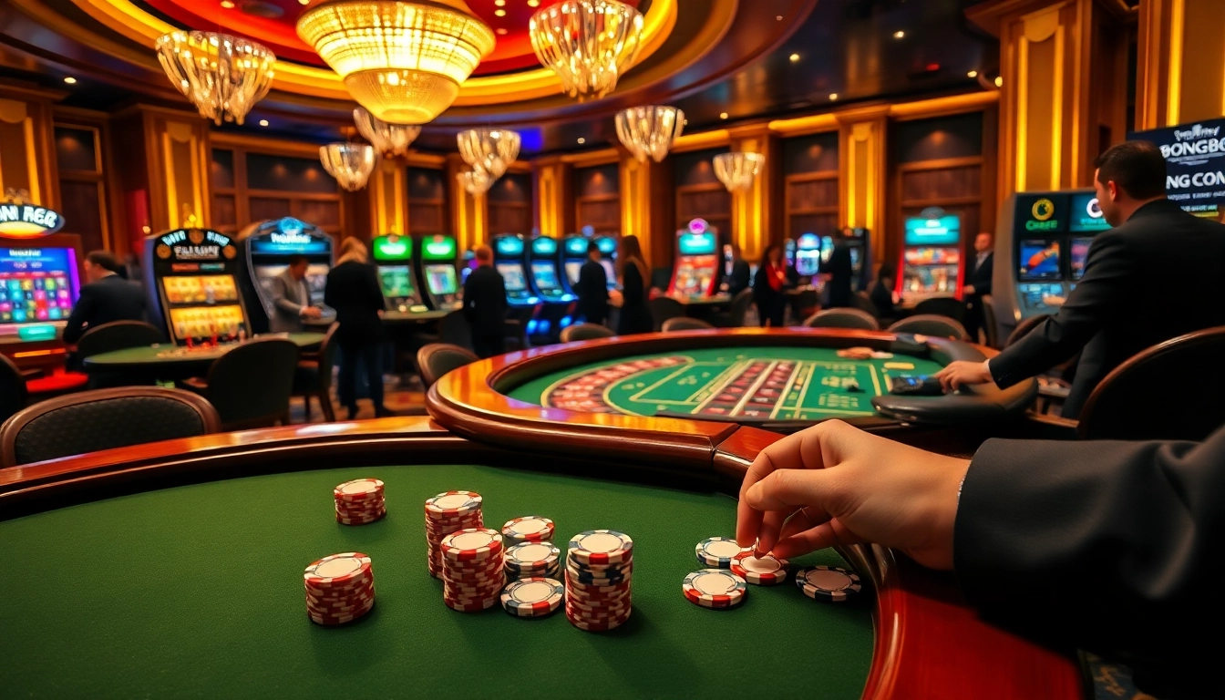 Gamblers enjoying a thrilling poker game experience at https://bong88.casa/, showcasing chips and a lively casino atmosphere.