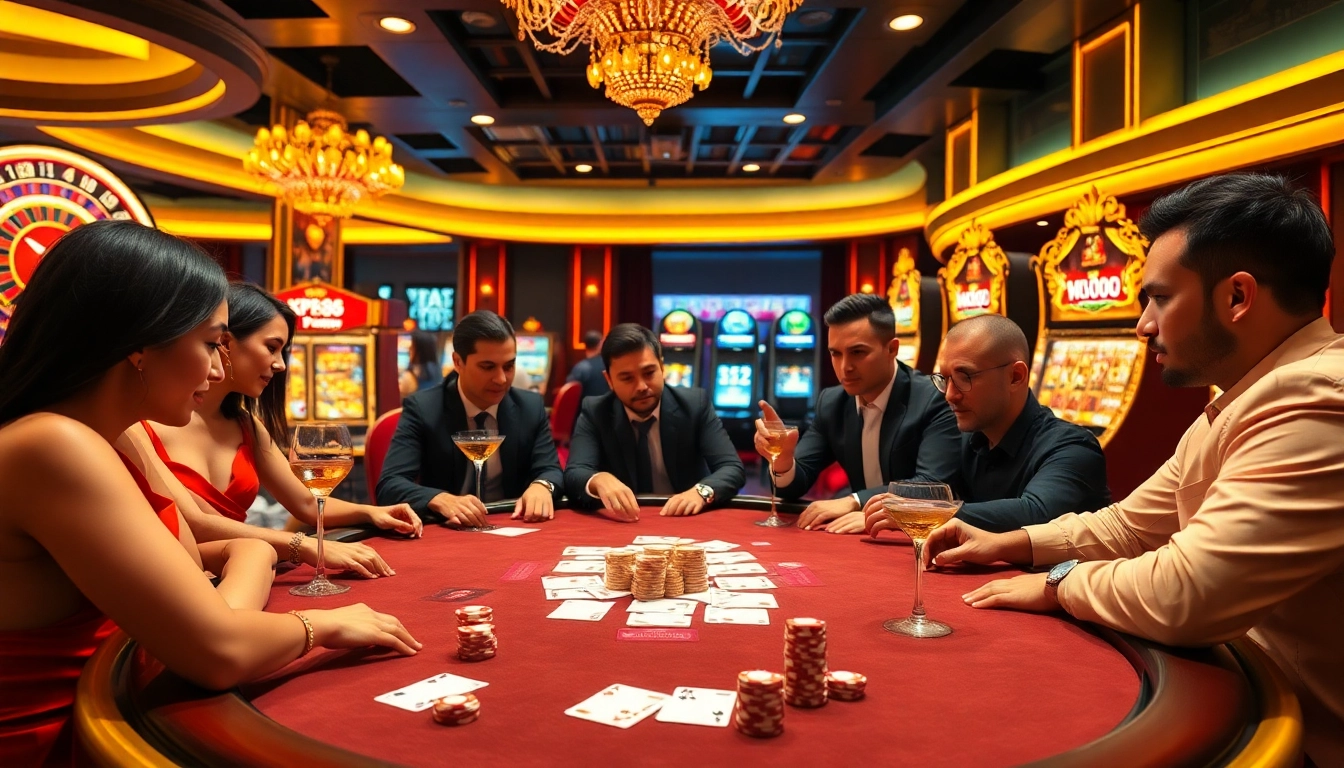 KP88 players strategically betting at a luxurious casino poker table.